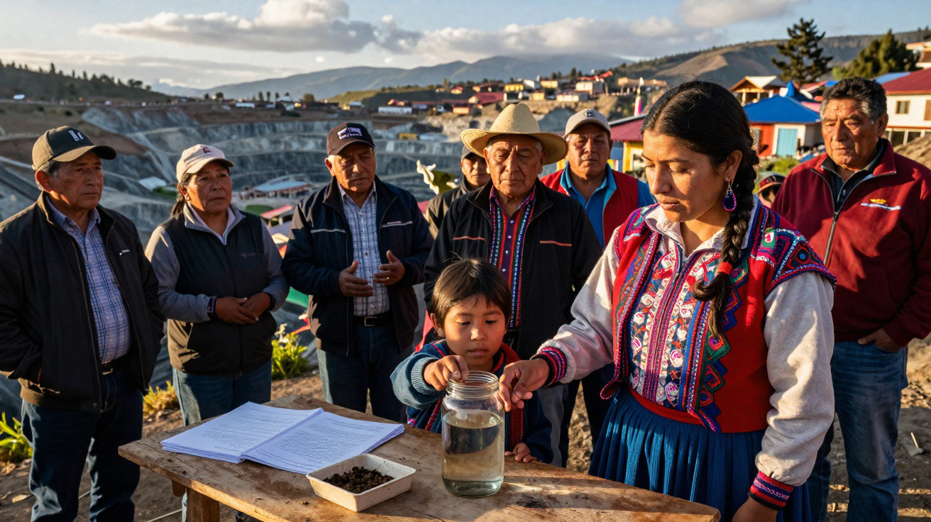 Grupo de pessoas indígenas observando mulher e criança com jarro de água em mesa ao ar livre.
