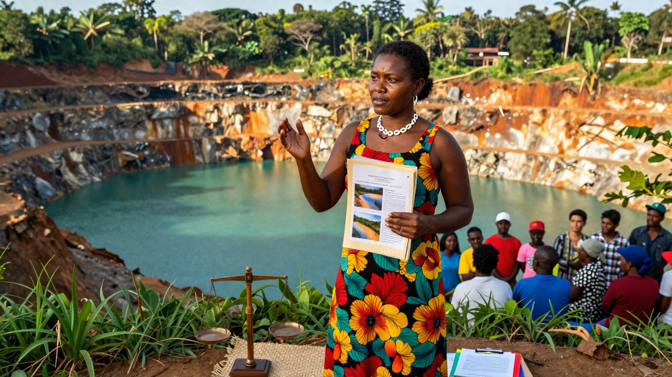 Mulher em vestido floral fala para grupo perto de lago azul em área de mineração com balança sobre mesa.