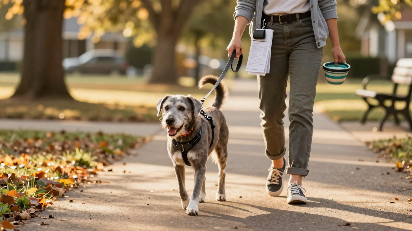 Pessoa caminhando com cachorro de coleira em parque ensolarado com folhas caídas no chão.