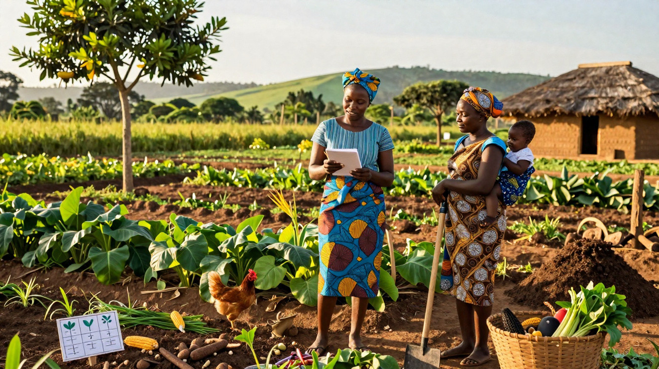 Duas mulheres africanas e um bebê na plantação, cercadas por vegetais e uma cesta de colheita.