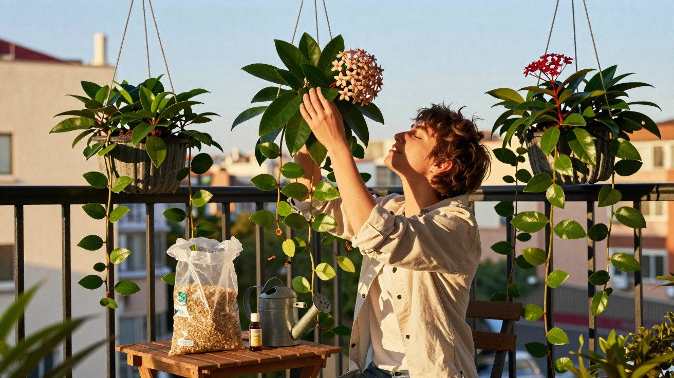 Pessoa cuidando de plantas penduradas em varanda ao entardecer com utensílios de jardinagem.