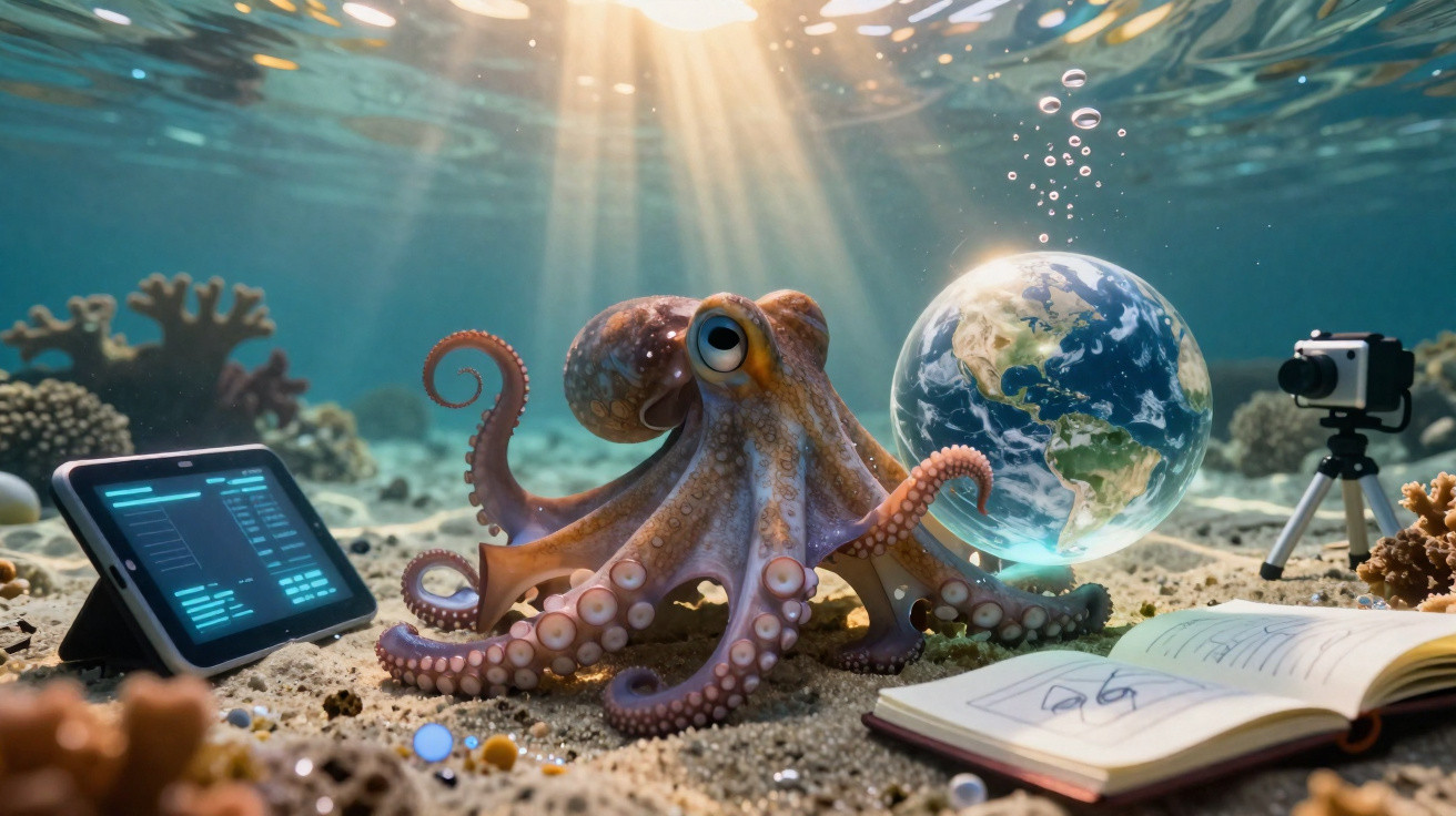 Polvo submarino com tablet, globo terrestre, livro e câmera em ambiente oceânico iluminado pela luz do sol.