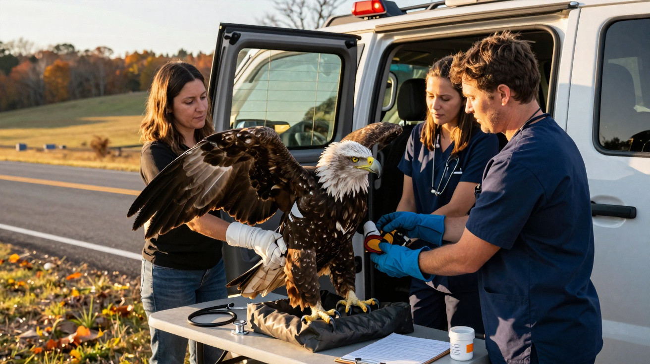 Equipe veterinária cuidando de uma águia ferida em uma mesa perto de um veículo de resgate.