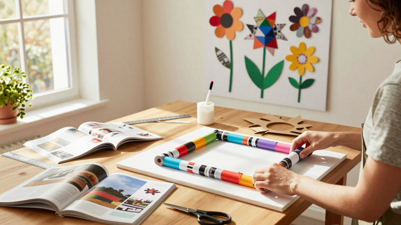 Pessoa organizando marcadores coloridos sobre mesa com livros, tesoura e decoração de flores na parede.
