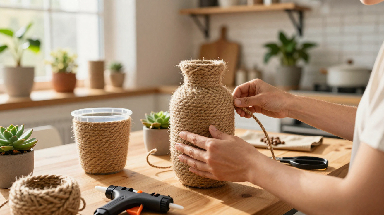 Pessoa decorando vaso utilizando corda de sisal em mesa de madeira com plantas suculentas ao fundo.
