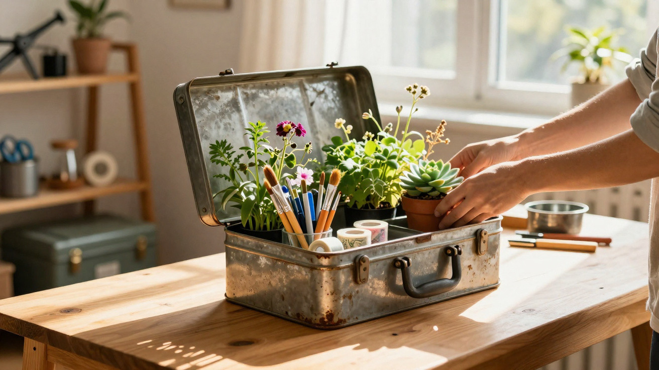 Mala metálica aberta sobre mesa de madeira com plantas suculentas, pincéis e fitas adesivas, mãos arrumando vaso.