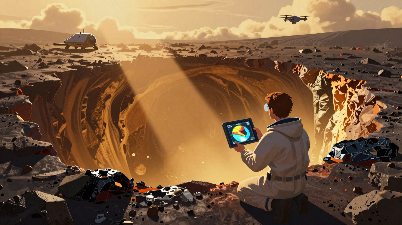Astronauta com tablet explora cratera profunda em superfície rochosa com drone e rover ao fundo.