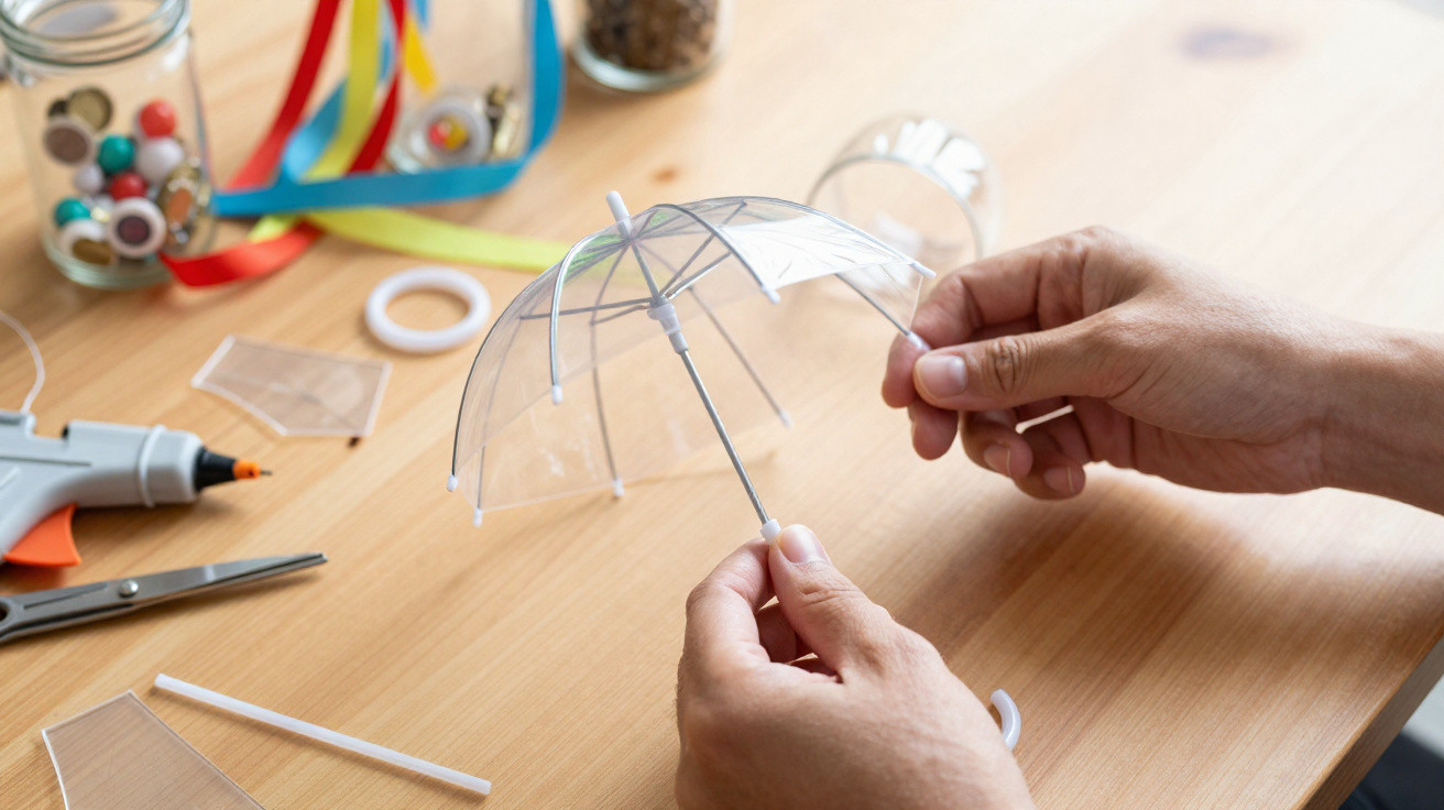 Mãos montando mini guarda-chuva transparente sobre mesa com materiais de artesanato como fita, tesoura e cola quente.