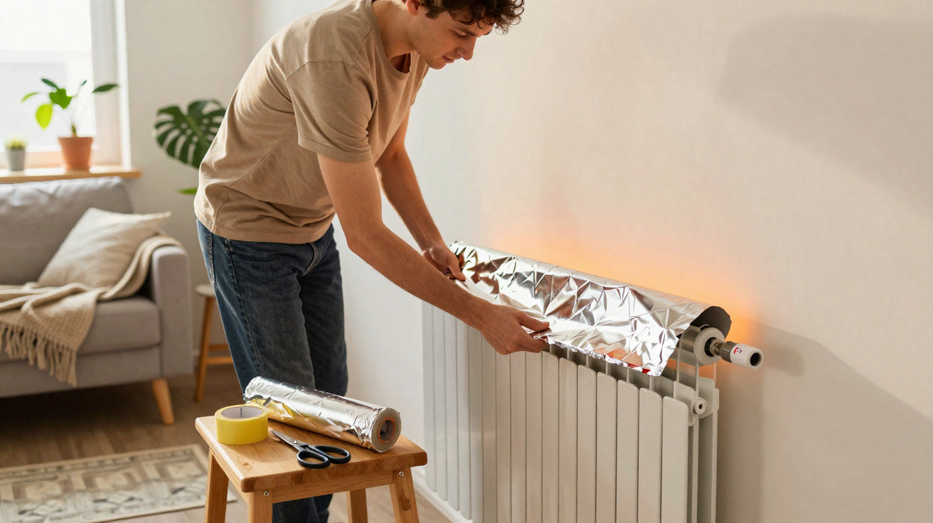 Homem aplicando folha de alumínio em radiador para aumentar eficiência térmica em casa.