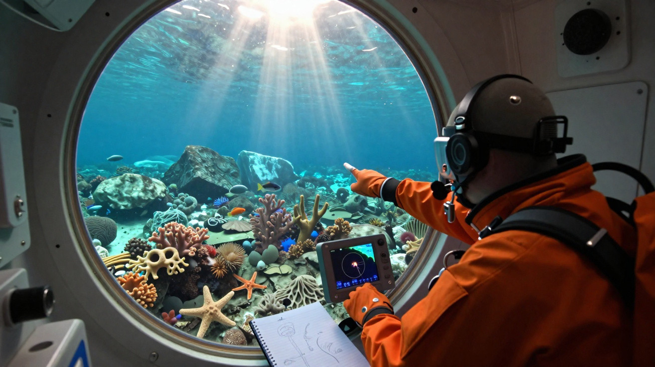 Mergulhador em roupa laranja dentro de submarino, observando vida marinha e corais através da janela circular.