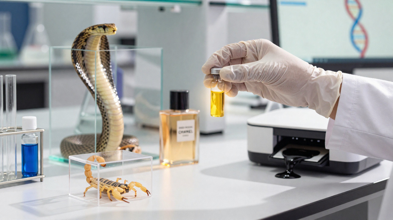 Mão com luva segura frasco com líquido amarelo em laboratório com escorpião, cobra e frasco de perfume.