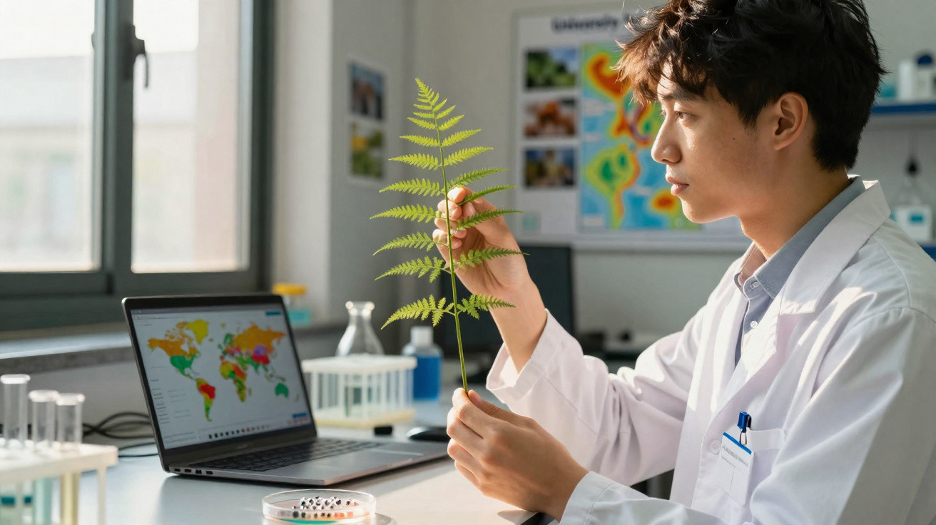 Cientista em laboratório analisando uma folha verde, com laptop e equipamentos científicos ao fundo.