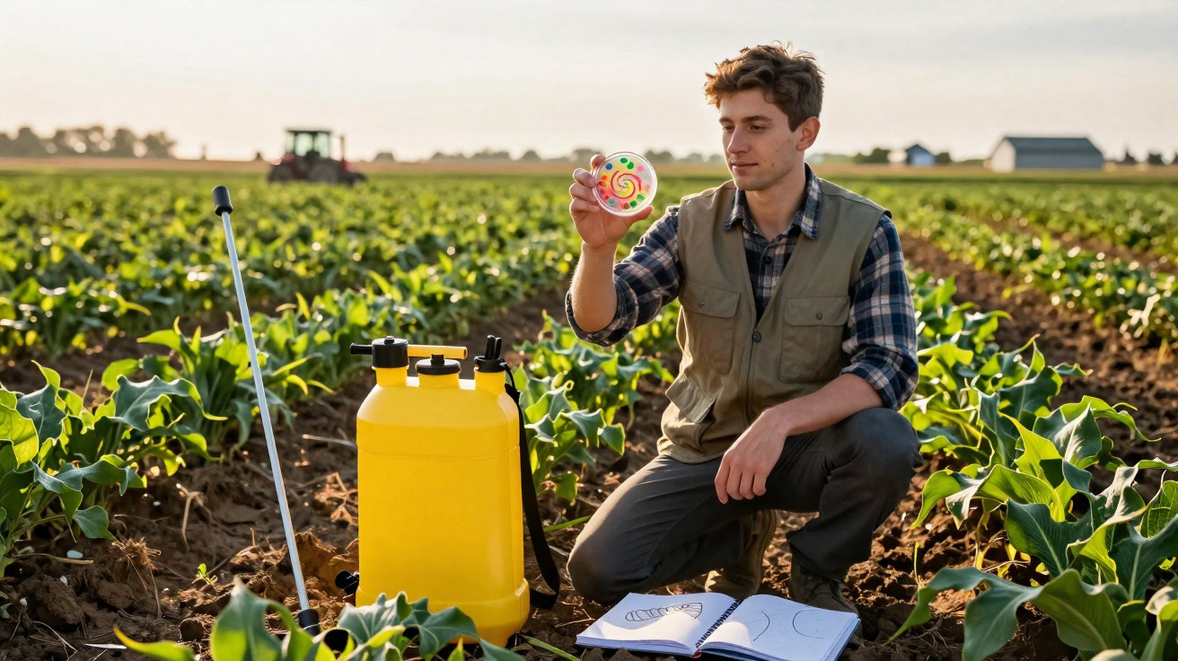 Agricultor analisando cultura e produto agrícola em plantação com pulverizador amarelo ao lado.