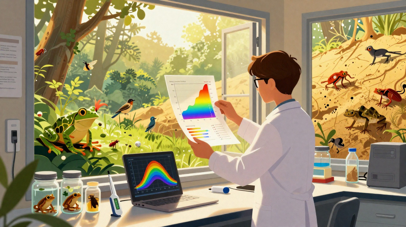 Cientista em laboratório observa gráfico colorido com ambiente externo cheio de animais e insetos.