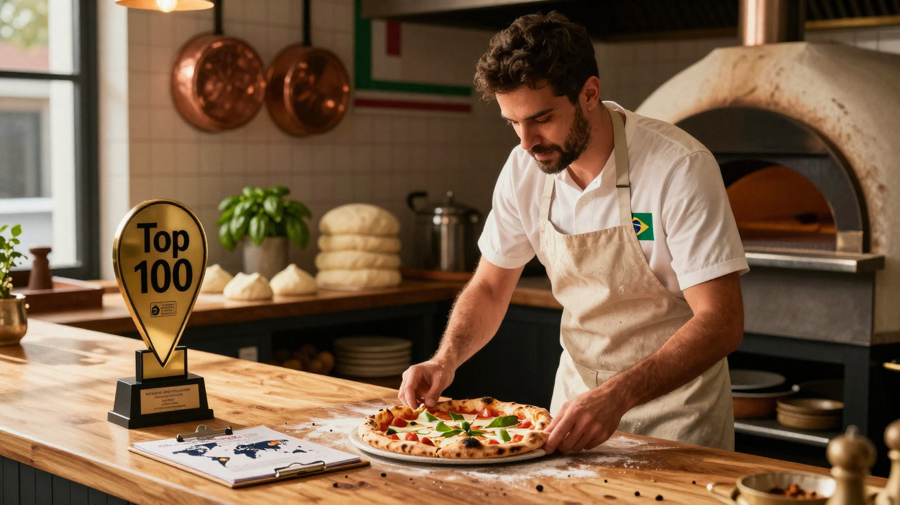 Pizzaiolo decorando pizza artesanal na cozinha de pizzaria premiada com troféu Top 100.