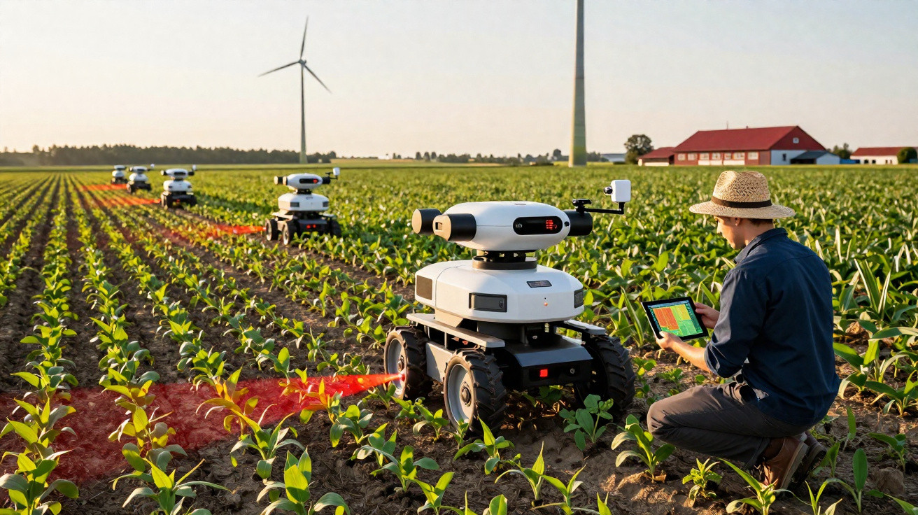 Agricultor com tablet controla robôs autônomos em plantação sob turbinas eólicas em dia claro.