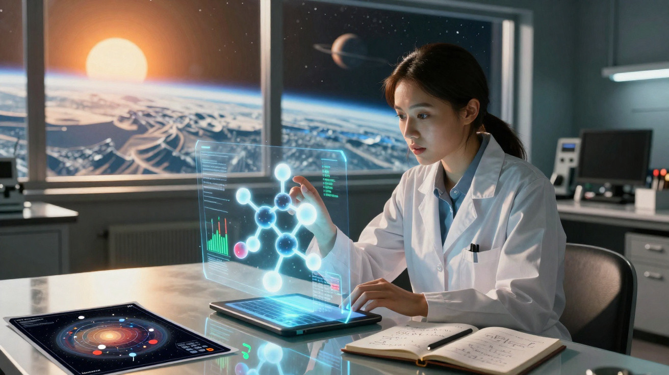 Cientista mulher em laboratório espacial interagindo com modelo holográfico molecular e tablets digitais.