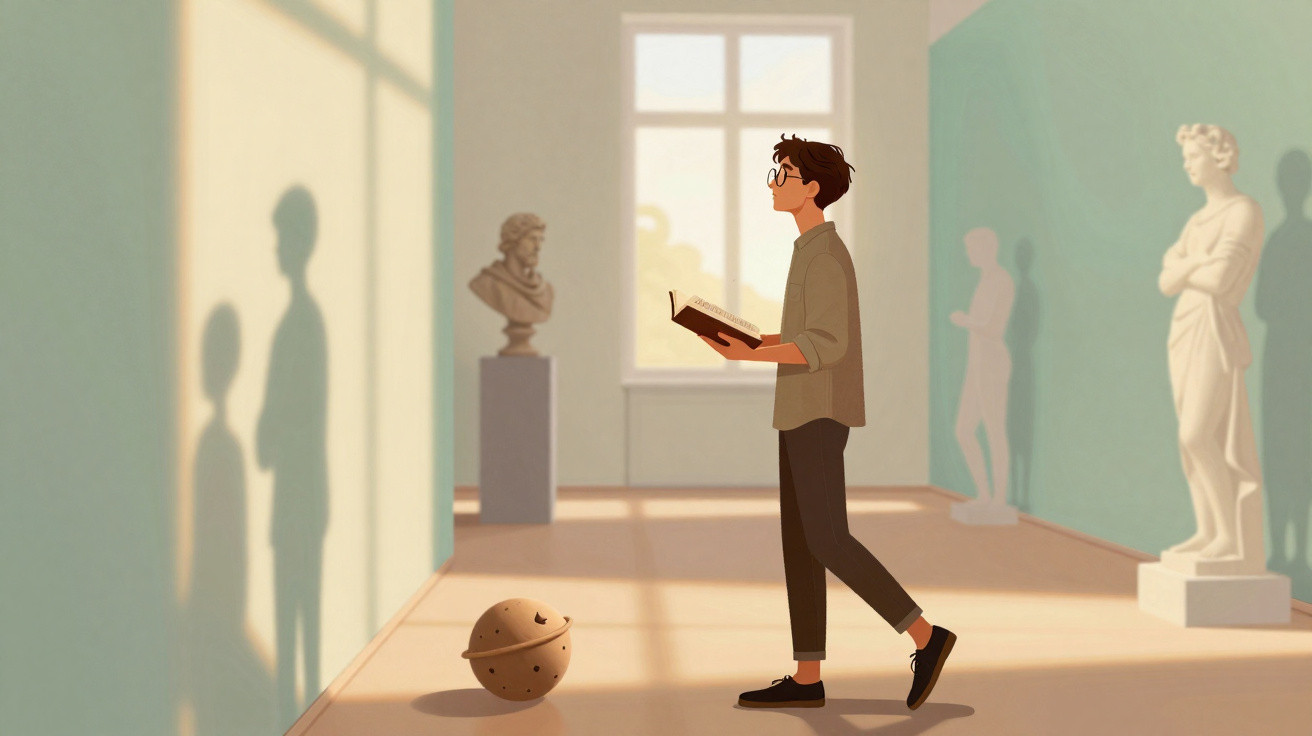 Homem jovem lendo livro em museu com estátuas e sombras projetadas na parede iluminada pelo sol.