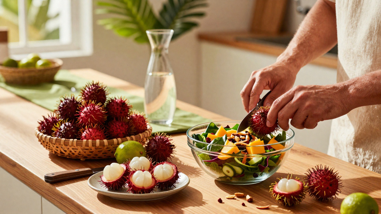 Pessoa cortando rambutã para salada de frutas com rambutãs inteiros e descascados em pratos na mesa de madeira.