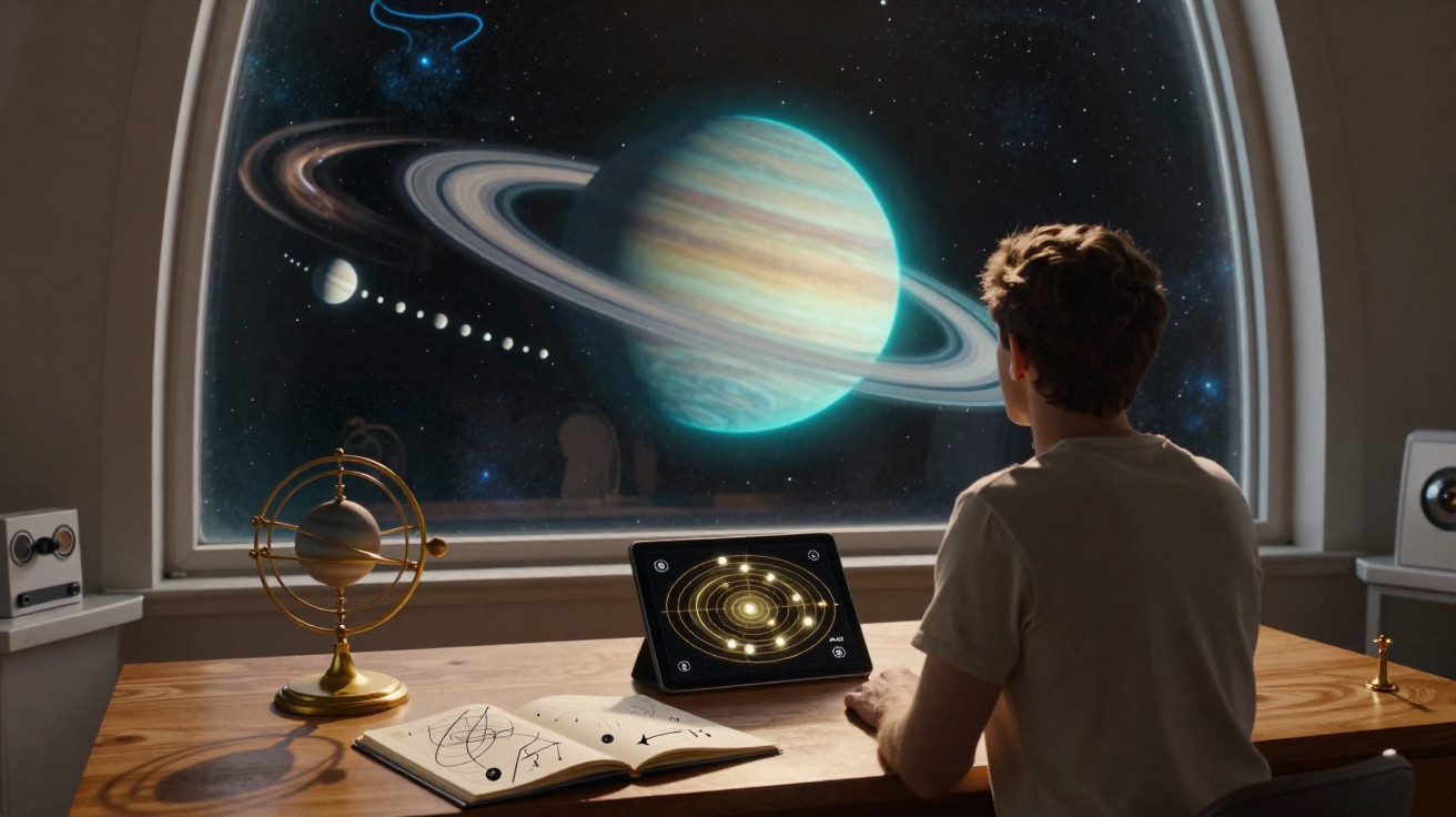Criança observando um planeta gigante com anéis através de uma janela, com livro e tablet sobre astronomia na mesa.