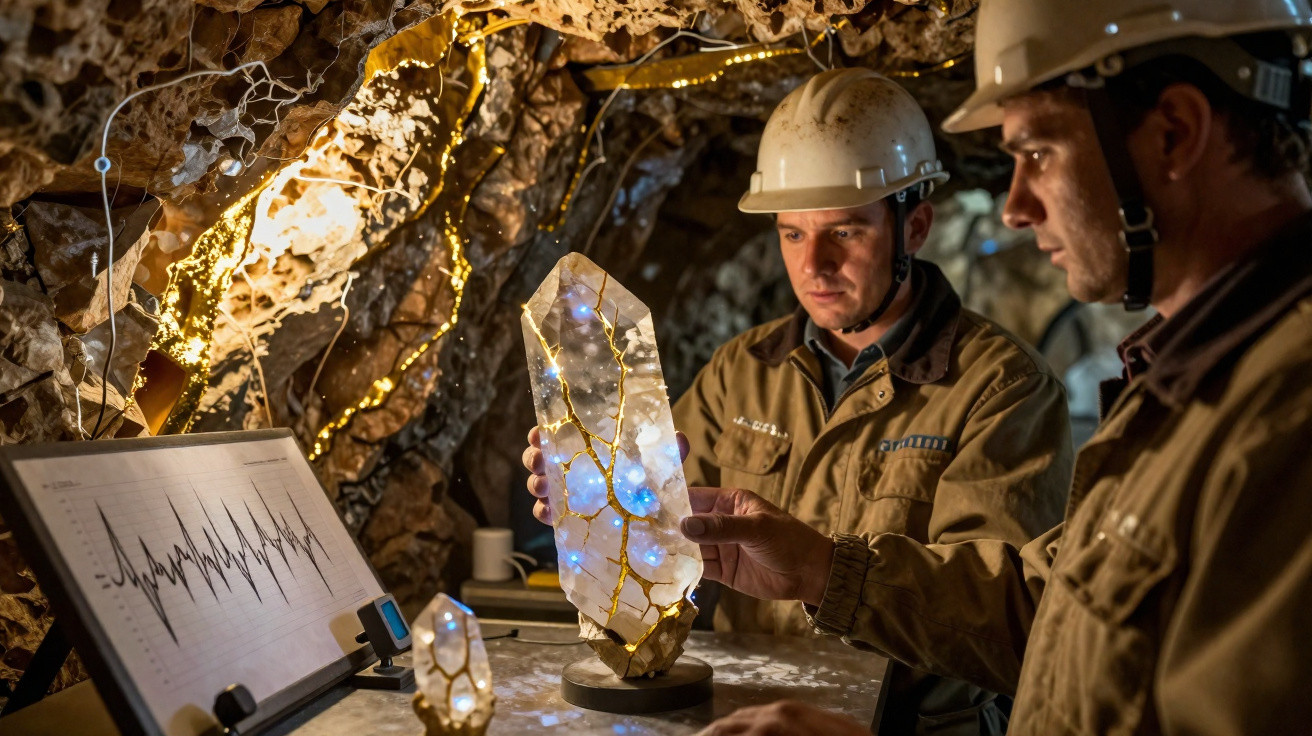 Dois homens com capacetes analisam cristais iluminados em laboratório subterrâneo de mineração.