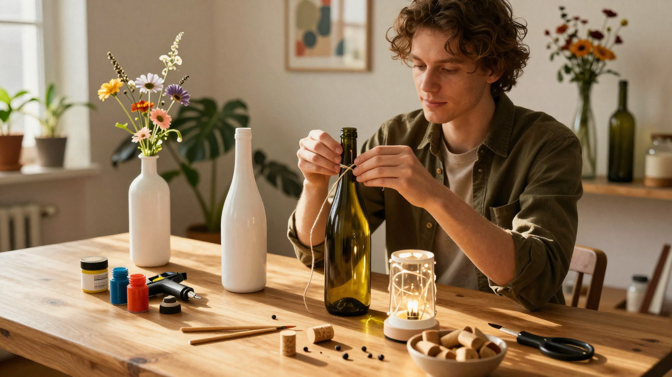 Homem sentado à mesa decorando garrafa com vela e corda em ambiente iluminado e com flores.