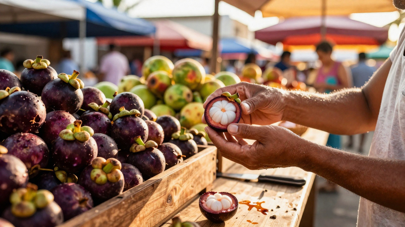 Pessoa abrindo mangostão em feira ao ar livre com frutas frescas expostas em caixa de madeira.