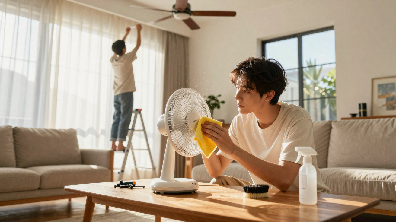 Homem limpando ventilador na sala enquanto criança ajusta cortina em escada próxima à janela.