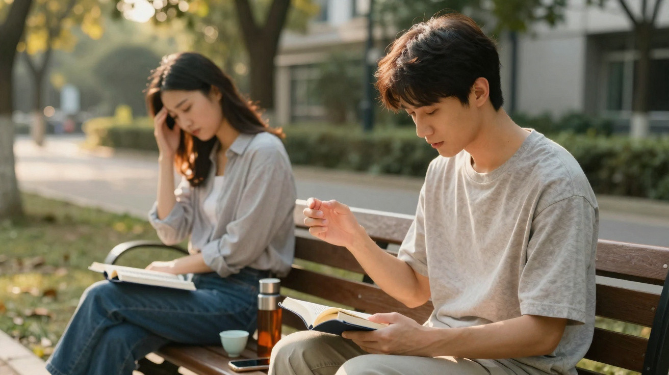 Jovem homem e mulher sentados em banco de parque lendo livros em ambiente tranquilo e ensolarado.