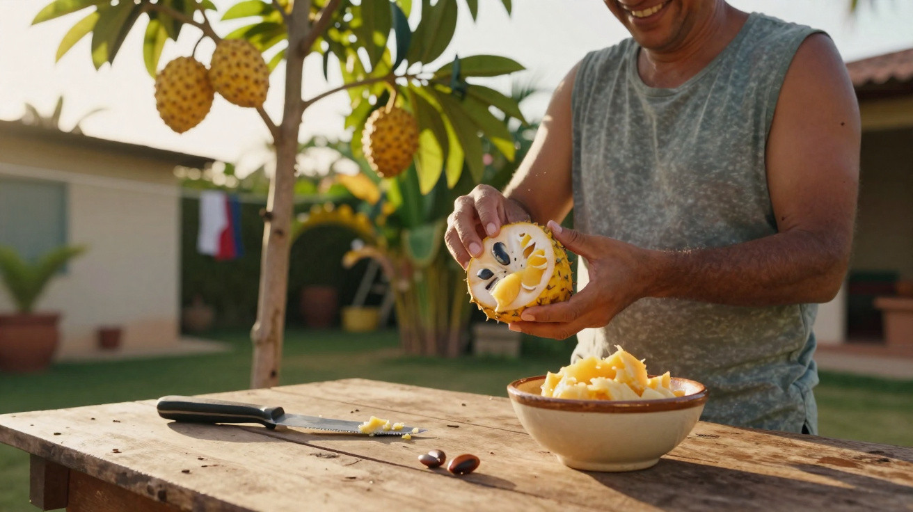 Homem descascando fruta amarela de pé ao lado de uma mesa de madeira com faca e bowl.