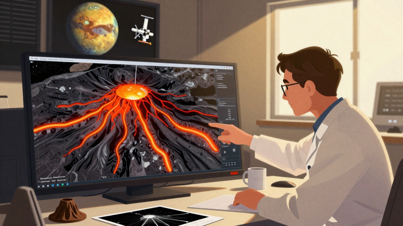 Cientista analisa imagem digital de vulcão ativo com lava brilhante em monitor de computador em escritório.