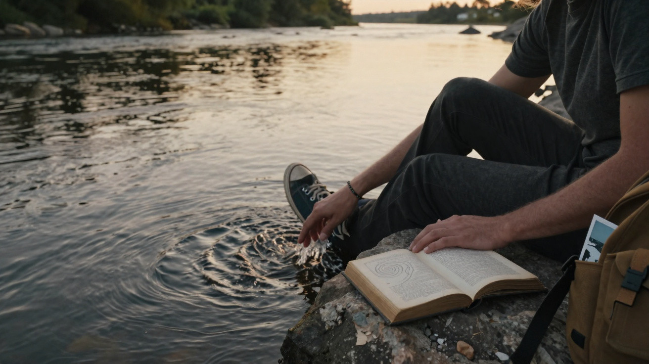 Pessoa sentada à beira do rio lendo um livro e tocando a água com a mão em um fim de tarde.