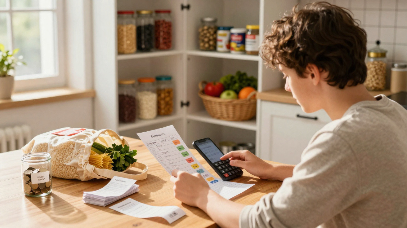 Pessoa jovem usando calculadora e conferindo lista de despesas em cozinha com luz natural.