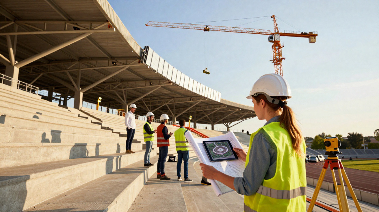 Engenheira revisando planta enquanto equipe inspeciona obra de estádio em construção com grua ao fundo.