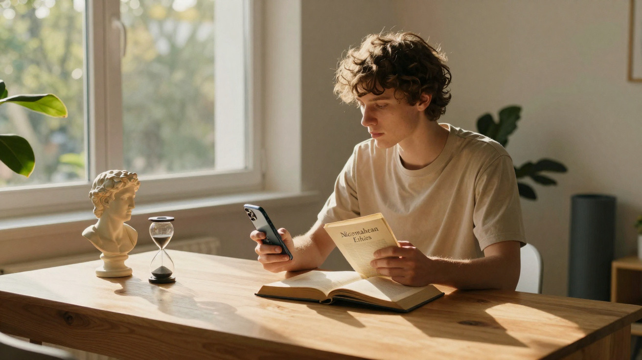Jovem sentado à mesa lendo um livro e olhando para o celular, com uma ampulheta e busto decorativo à sua frente.