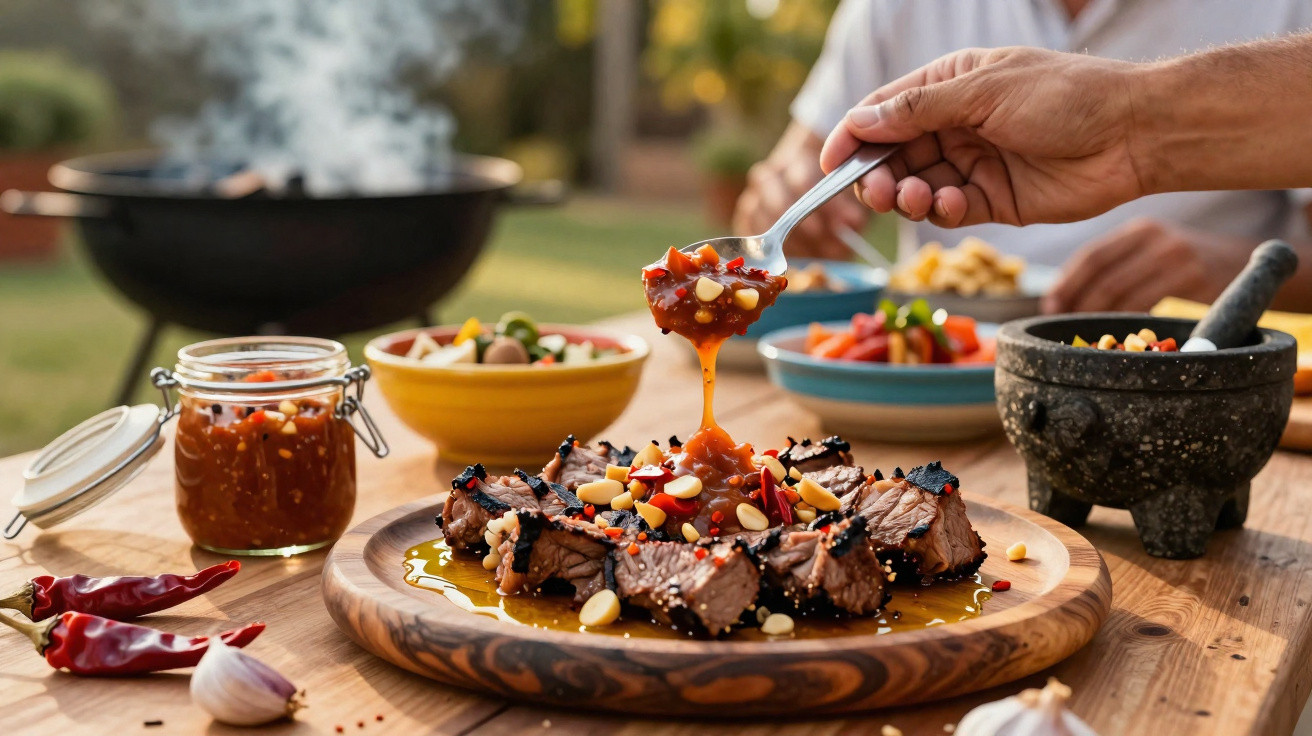 Pedaços de carne com molho picante sendo servidos, com temperos e churrasqueira ao fundo.