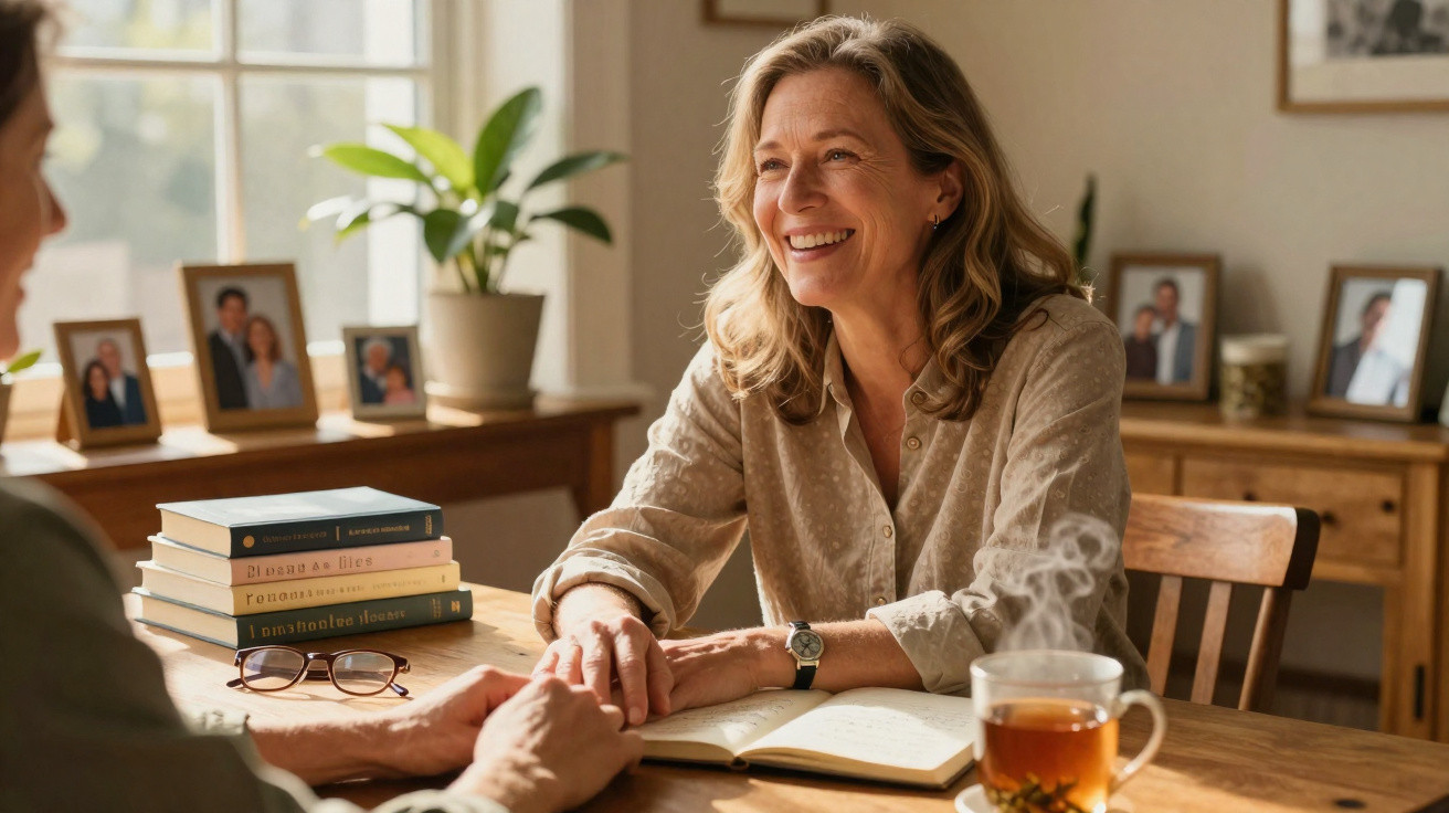Mulher sorrindo enquanto segura a mão de outra pessoa em uma mesa com livros e chá.