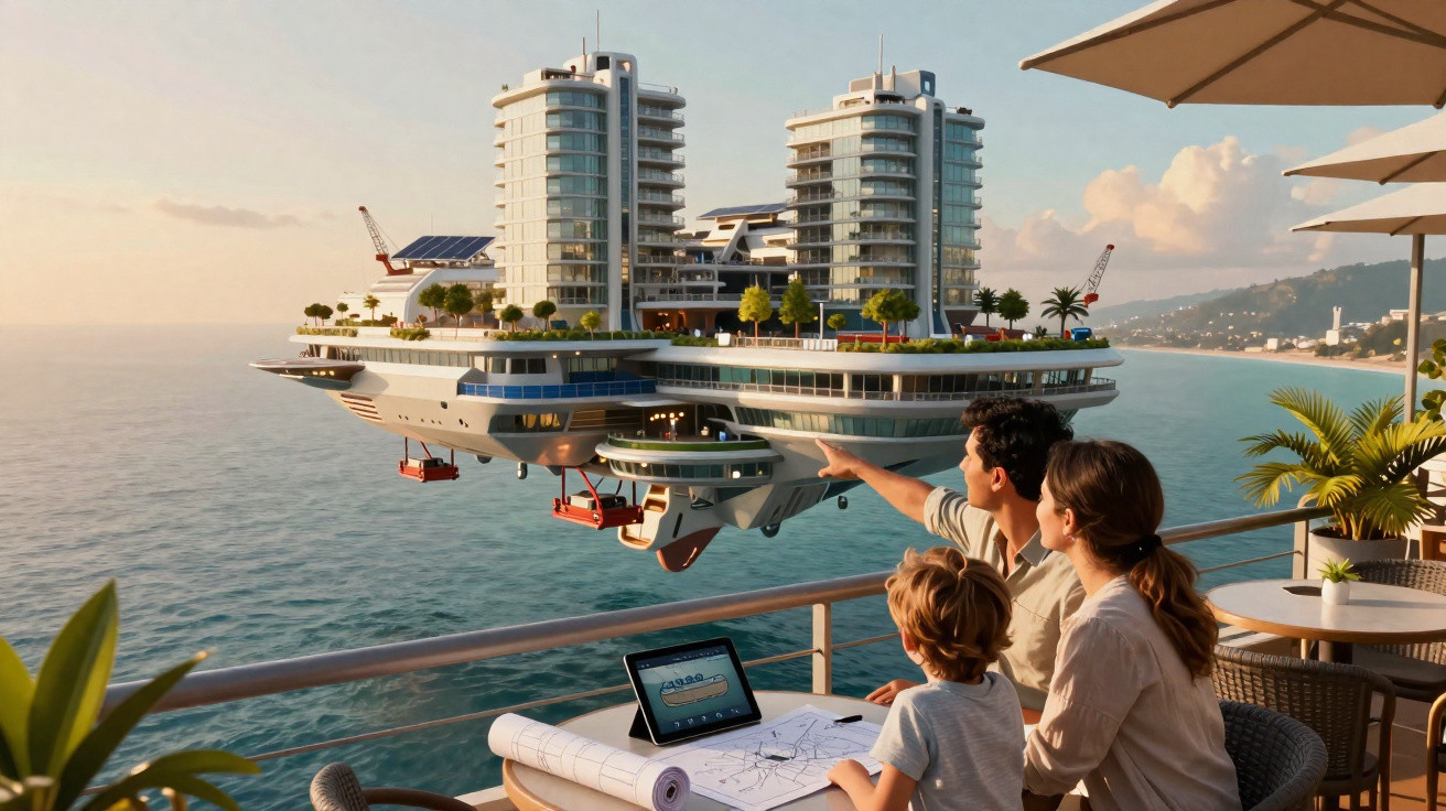 Família observa navio futurista com prédios e áreas verdes flutuando sobre o mar ao pôr do sol.