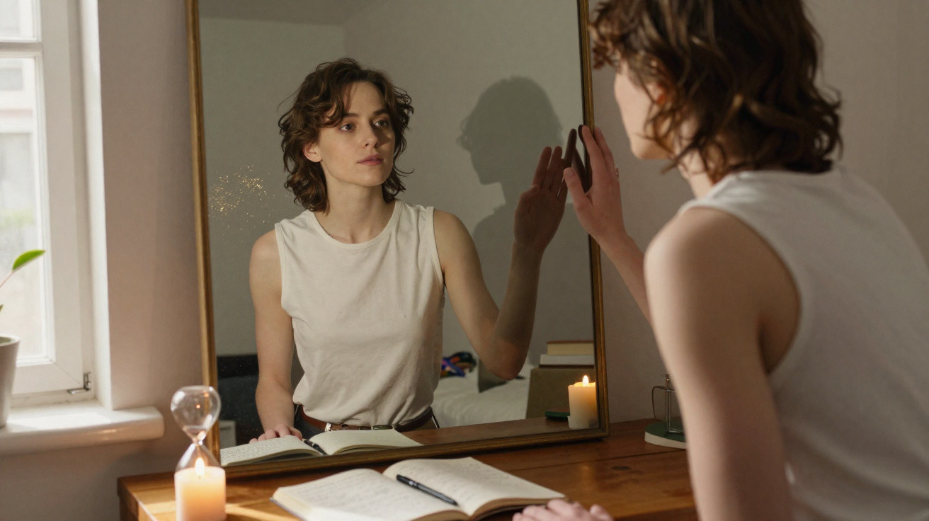 Mulher olhando seu reflexo no espelho enquanto está sentada à mesa com livros e vela acesa.