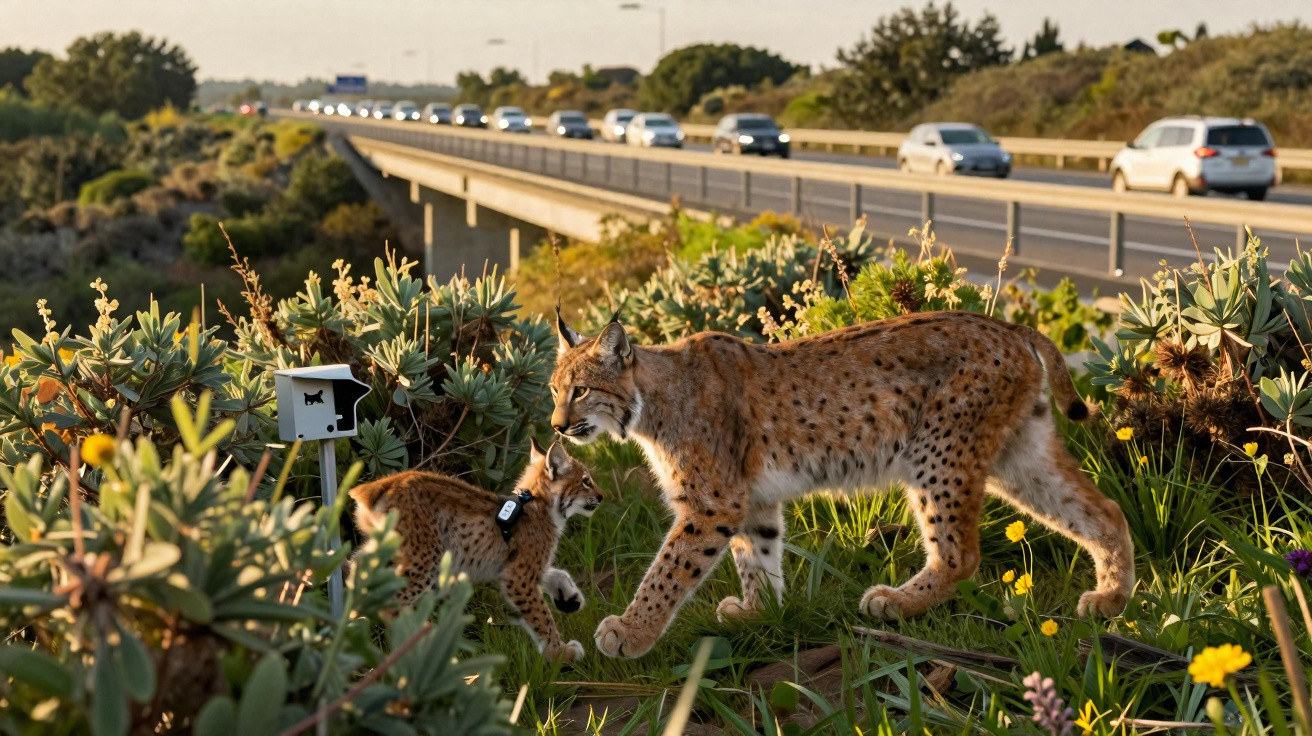 Lince e filhote com coleiras provocam afeto em vegetação próxima a estrada com carros ao fundo.