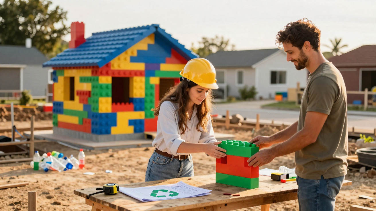 Casal constrói casa de blocos de brinquedo em canteiro de obras ao ar livre durante dia ensolarado.