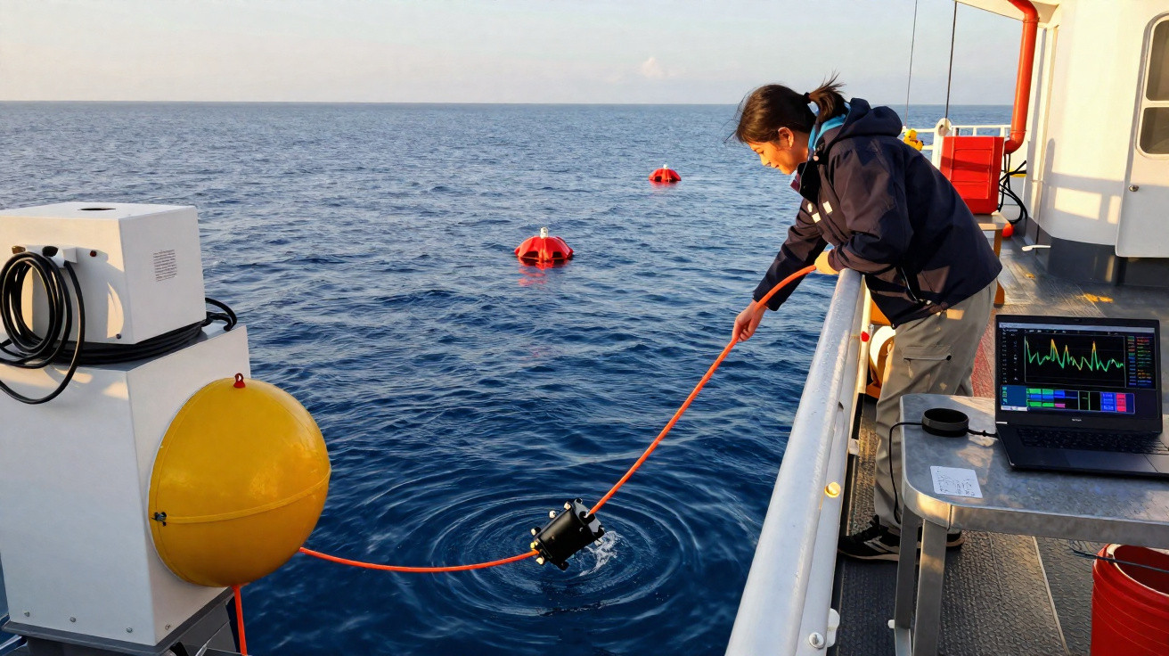 Pessoa operando equipamento de monitoramento oceanográfico a partir de barco em mar calmo ao entardecer.