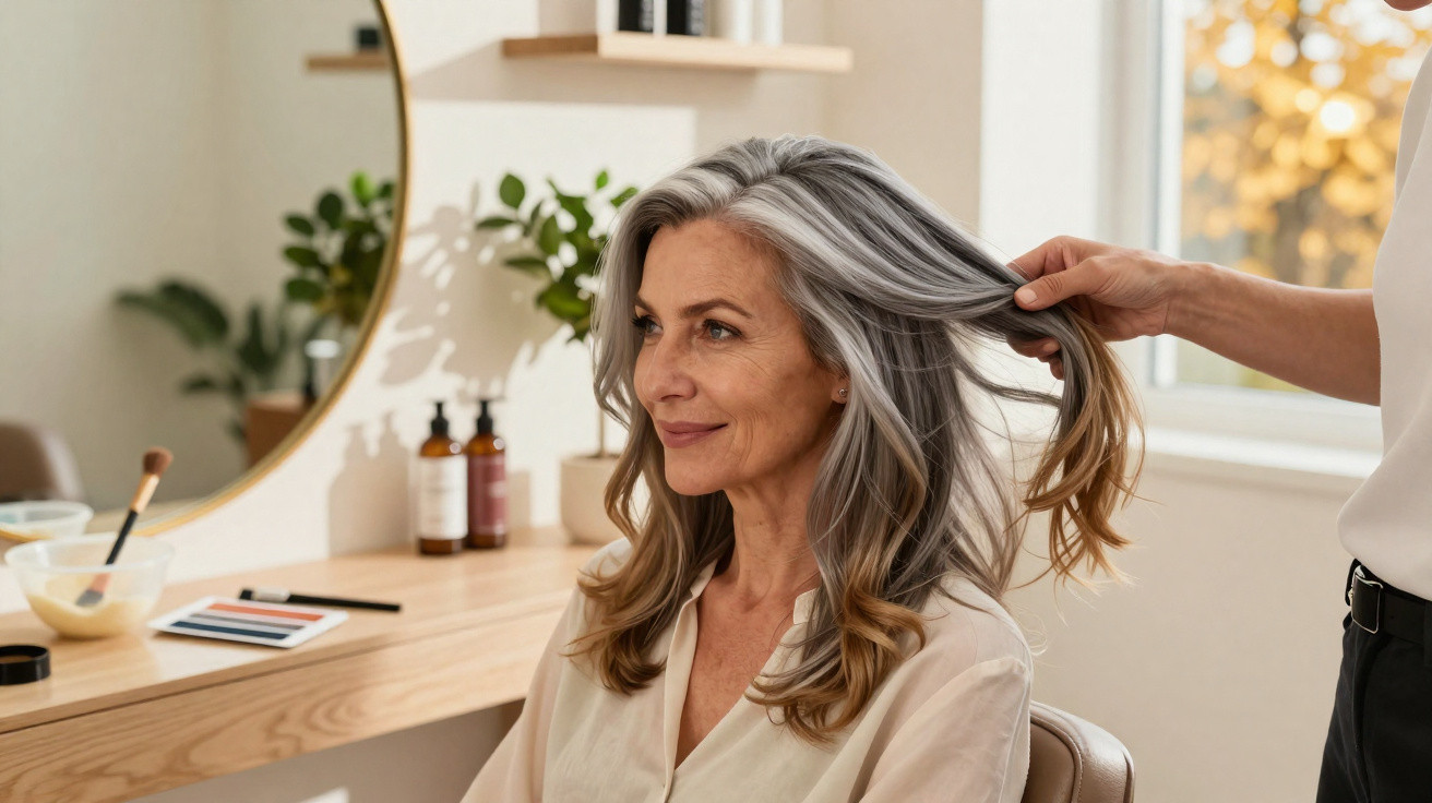 Mulher madura sorrindo enquanto alguém arruma seu cabelo longo e grisalho em salão iluminado.