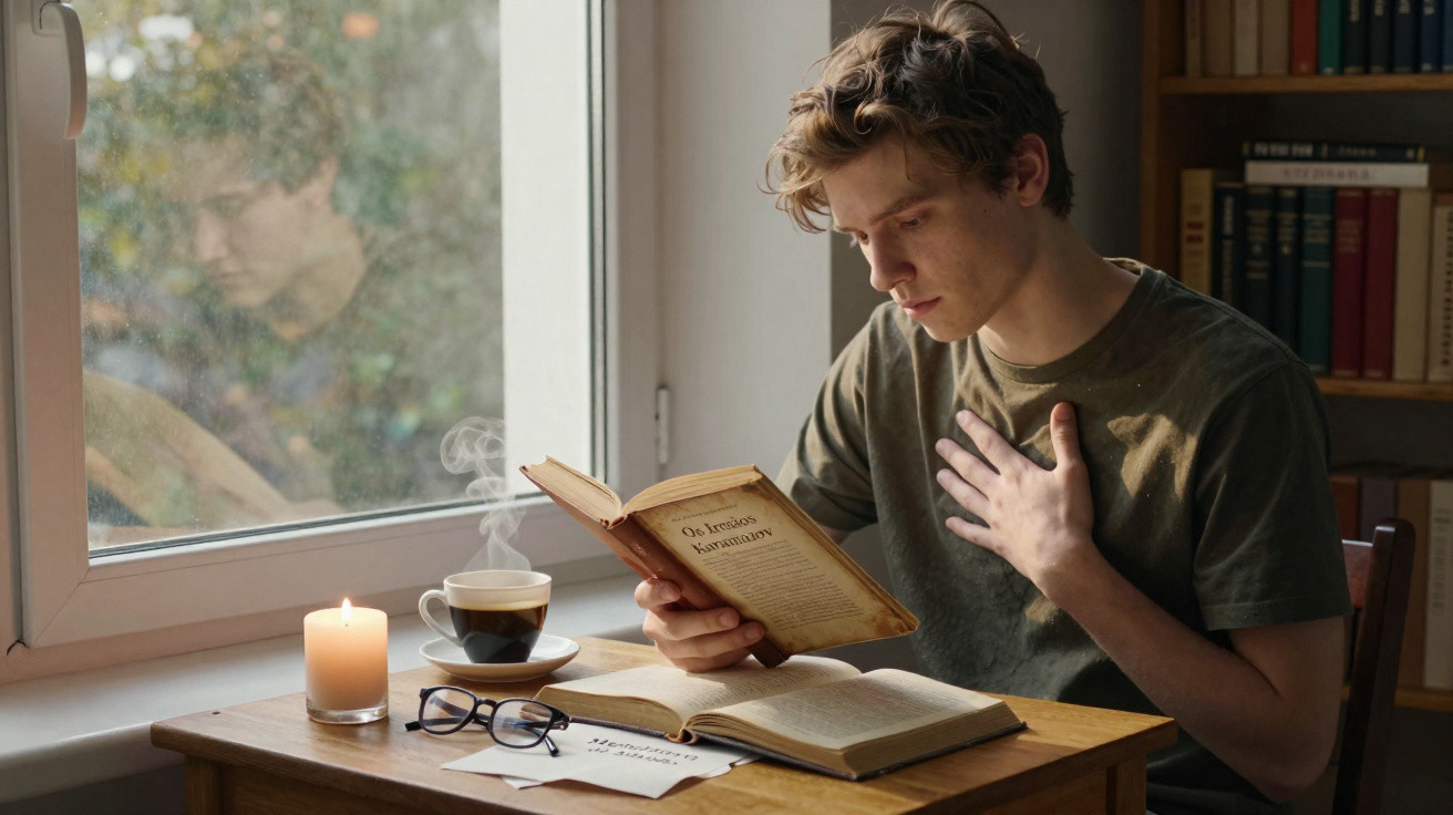Jovem lendo livro com expressão concentrada em mesa com vela, óculos, café e livros perto de janela.