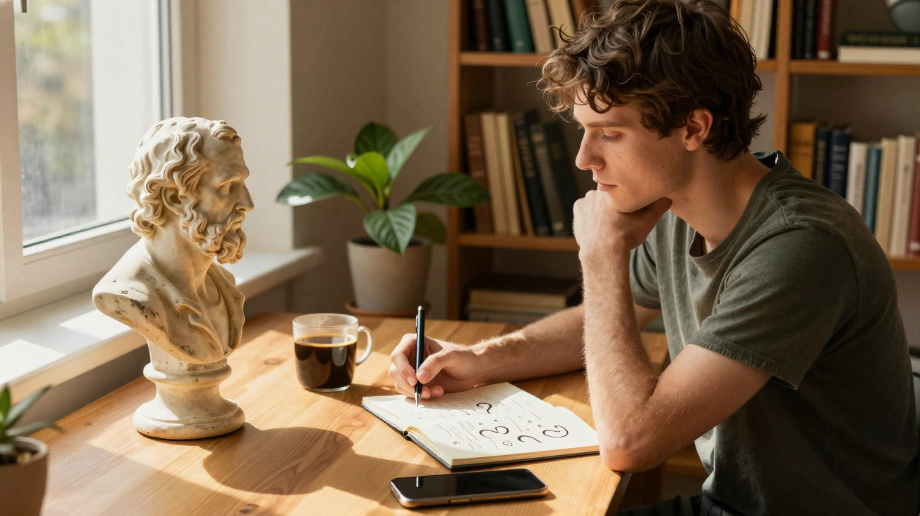 Jovem concentra-se escrevendo em caderno à mesa com busto clássico, café, plantas e estante de livros ao fundo.