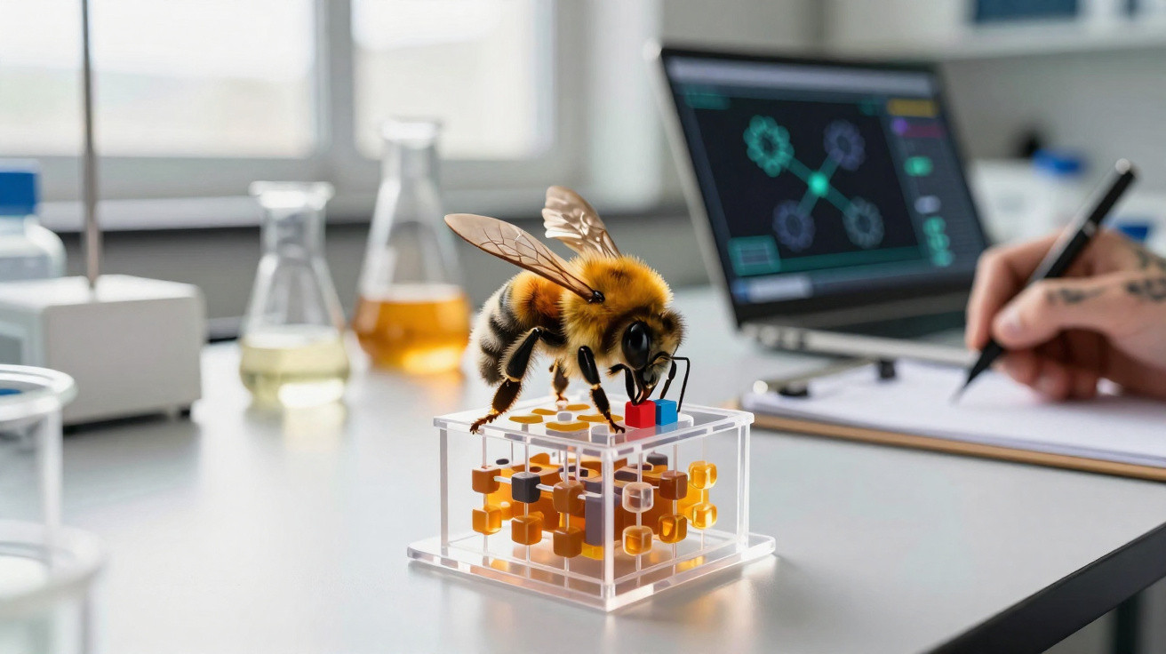 Abelha pousada em estrutura translúcida com cubos em laboratório com computador ao fundo.