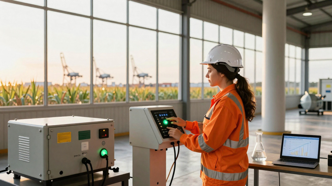 Mulher com capacete e roupa laranja operando equipamentos em ambiente industrial com laptop ao lado.