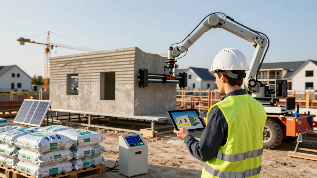 Trabalhador com capacete e colete usando tablet para controlar robô na construção de casa modular.