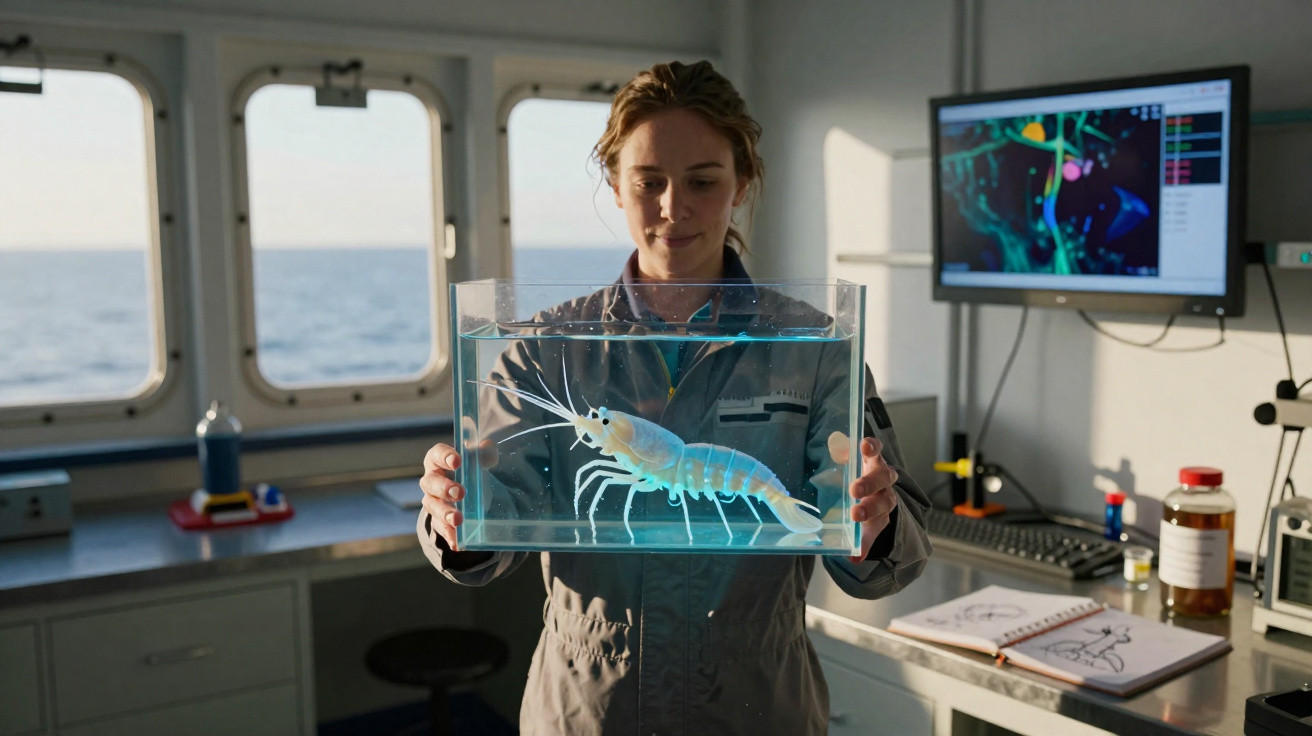 Mulher cientista segura aquário com camarão gigante azul em laboratório de pesquisa marinha.