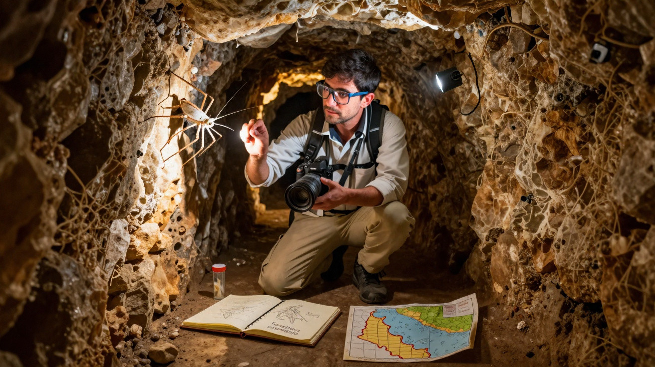 Homem com câmera fotografa aranha gigante em caverna cheia de teias, com mapas e livros no chão.